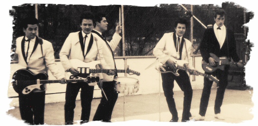 Raylettes in 1964 met v.l.n.r.: Danny Hartman, Oelie Ros, Eric Jahreis, Victor de Graaff Guilloud en Bert Grijseels (Teddy Grey).